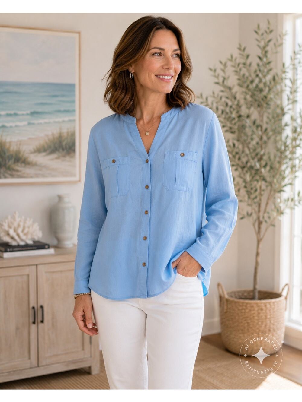 J Jill Medium Blue Tencel Lyocell Button Front Blouse Long Sleeve Soft Drape